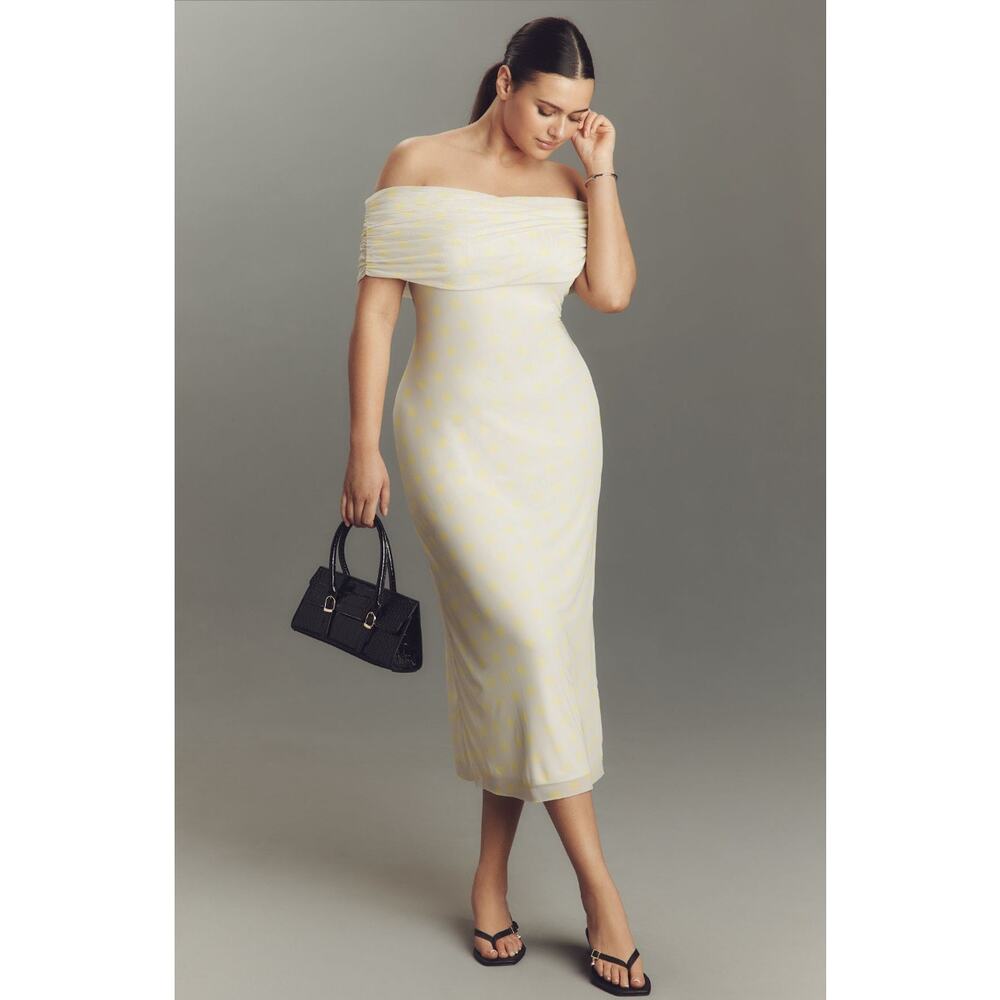 AFRM NWT Zamora Off Shoulder Mesh Midi Dress in Sun Dot Yellow Size XL